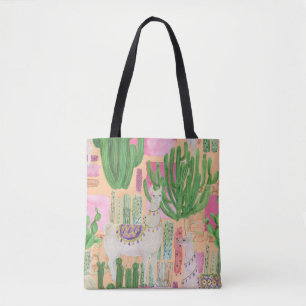 Bolsa Tote Lhamas aquarelas, cactos: padrão sem costura.