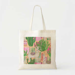 Bolsa Tote Lhamas aquarelas, cactos: padrão sem costura.