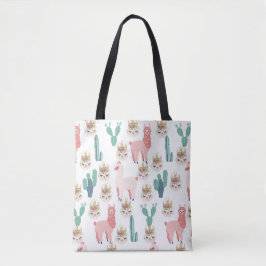 Bolsa Tote Lhamas Rosa Fofo e Cactus Verde