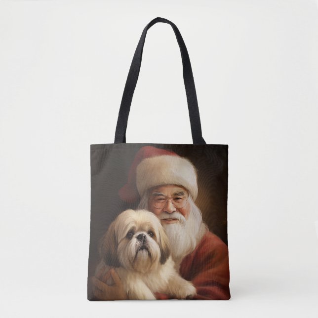 Bolsa Tote Lhasa Apso Com Papai Noel Natal Festivo (Frente)