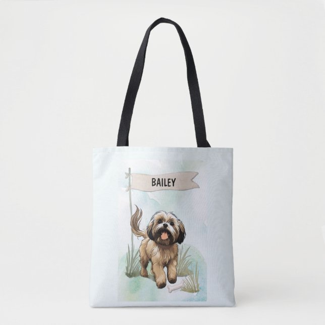Bolsa Tote Lhasa Apso Watercolor Personalized Dog (Frente)