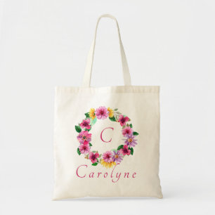 Bolsa Tote Lila Floral Rosa Nome Monograma Damas de Honra