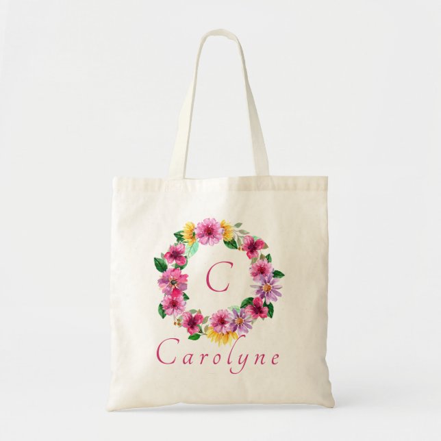 Bolsa Tote Lila Rosa Floral Damas Monograma Nome  (Frente)