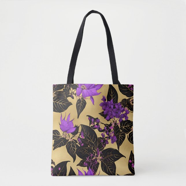 Bolsa Tote Lilac Floral com Folhas Negras (Frente)