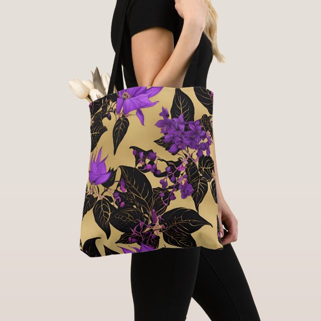 Bolsa Tote Lilac Floral com Folhas Pretas (Close Up)