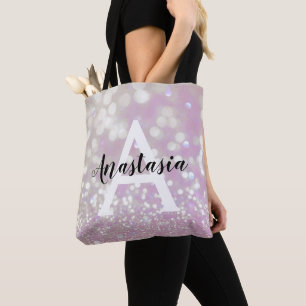 Bolsa Tote Lilás Girly Brilho Glitter Faíscas Monograma Nome