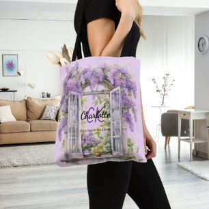 Bolsa Tote Lilases flores da janela monograma rosa