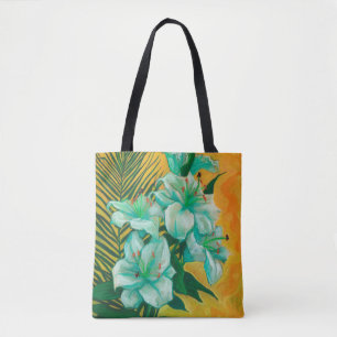 Bolsa Tote Lily e Palm, arte floral, branca, amarelo e verde