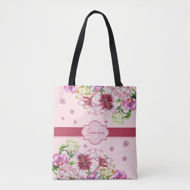 Bolsa Tote Lily e Peony Floral Rosa (Frente)