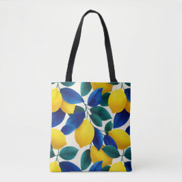 Bolsa Tote Limão Vibrante e Folhas Azuis Padrão de Aquarela