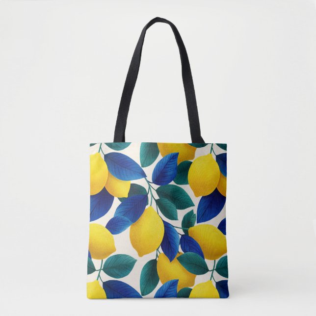 Bolsa Tote Limão Vibrante e Folhas Azuis Padrão de Aquarela (Frente)