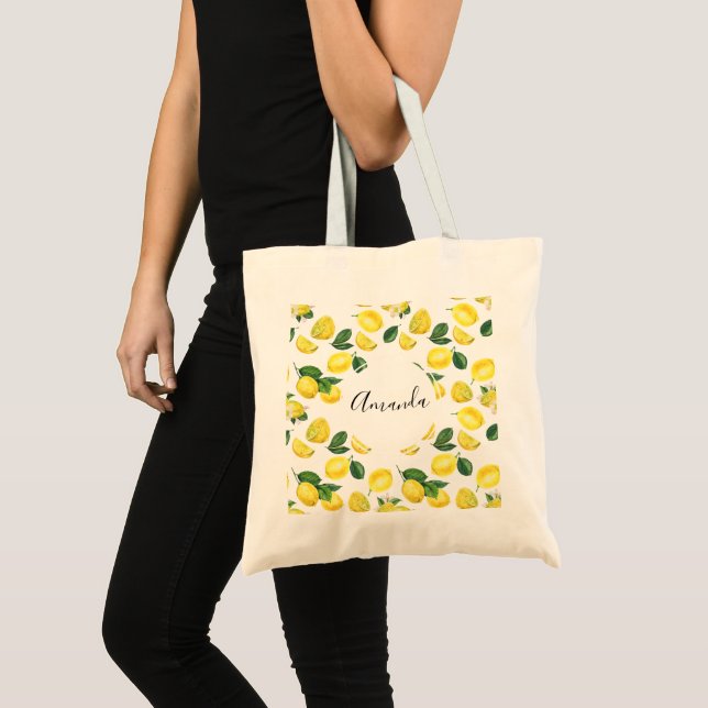 Bolsa Tote Limões Amarelos Padrão de Aquarela (Frente (produto))