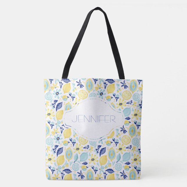 Bolsa Tote Limões Amarelos Verde e Azul Personalizados (Frente)