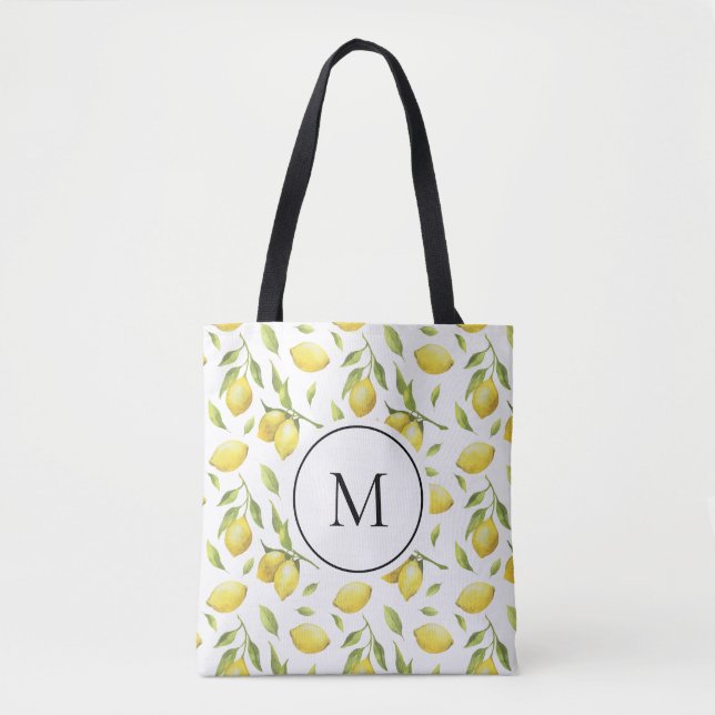 Bolsa Tote Limões de Aquarelas e Monograma de Padrão Verde (Frente)