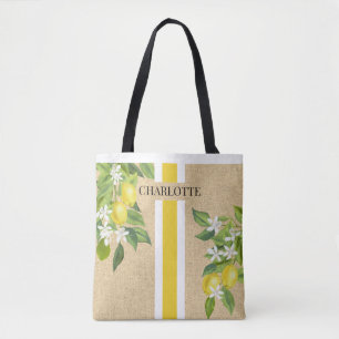 Bolsa Tote Limões e Blossomas Monograma Faux Juta Burlap
