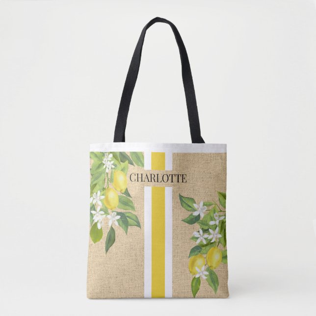 Bolsa Tote Limões e Blossomas Monograma Faux Juta Burlap (Frente)