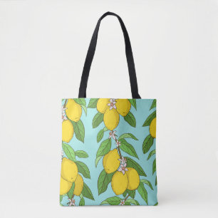 Bolsa Tote Limões, Fundo Azul Vibrante Sem Olhos.