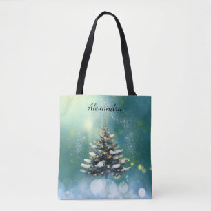Bolsa Tote Linda árvore de Natal com neve e luzes Douradas
