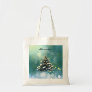Bolsa Tote Linda árvore de Natal com neve e luzes Douradas