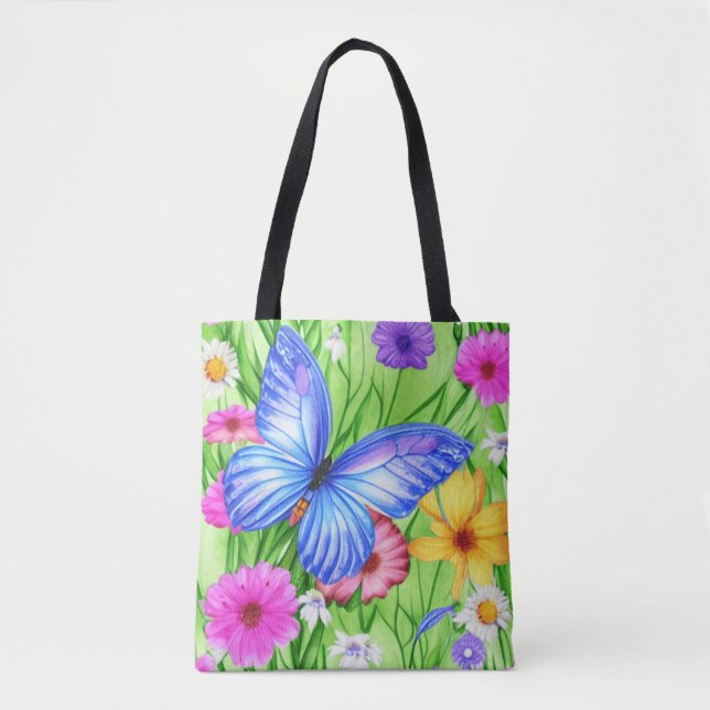 Bolsa Tote Linda Borboleta Azul com flores Aquarela (Frente)