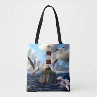 Bolsa Tote Linda Cena de Farol de Aquarela