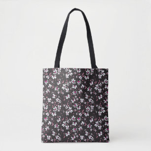 Bolsa Tote linda florzinha branca rosa com fundo preto