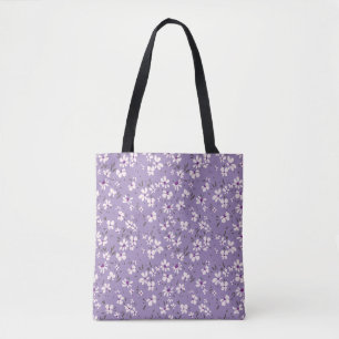 Bolsa Tote linda florzinha branca roxa com fundo azul