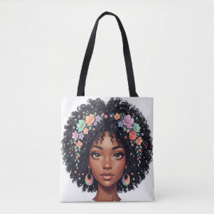 Bolsa Tote Linda Garota Preta C/ Afro de Coroa de Flores