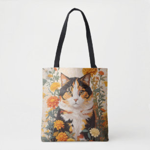 Bolsa Tote Linda Gato Calico Com Flores Marigold