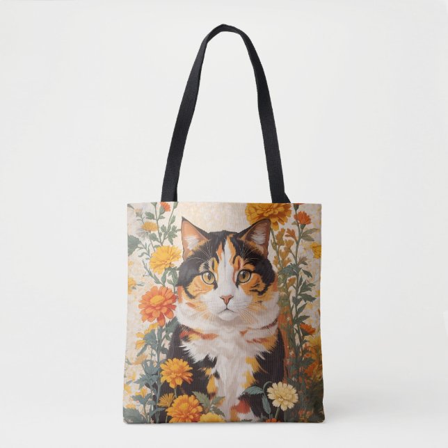 Bolsa Tote Linda Gato Calico Com Flores Marigold (Frente)