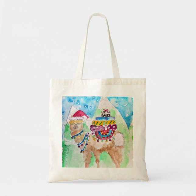 Bolsa Tote Linda Llama Feliz Natal Arte aquarela (Frente)