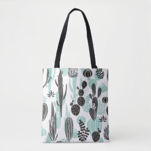 Bolsa Tote Linda mão desenhada em cactos, padrão sem soldad