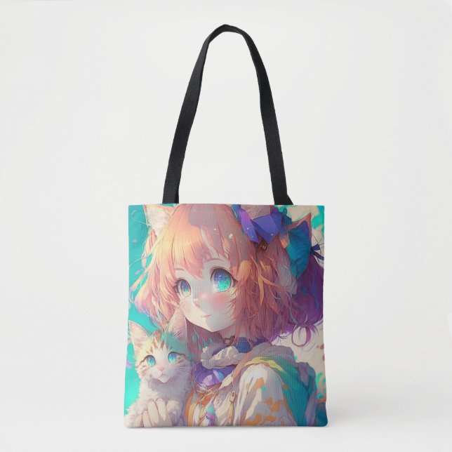 Bolsa Tote Linda Menina de Animação com Gatinha Bonita (Frente)