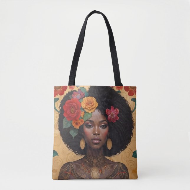 Bolsa Tote Linda Mulher Afro-Americana Com Flores (Frente)