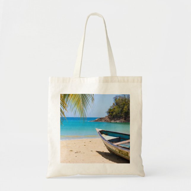 Bolsa Tote Linda praia tropical com um barco a remo (Frente)