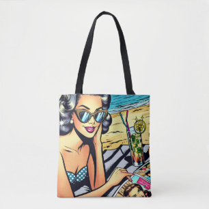 Bolsa Tote Linda Senhora Retro na Praia com Cocktail