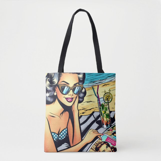 Bolsa Tote Linda Senhora Retro na Praia com Cocktail (Frente)