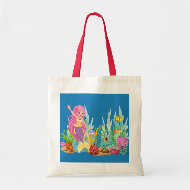 Bolsa Tote Linda sereia PINK HAIR tocando no mar (Frente)