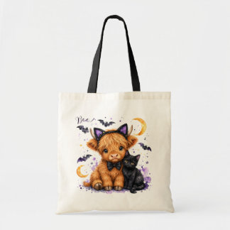 Bolsa Tote Linda Vaca Highland Vermelha Gato Preto Halloween