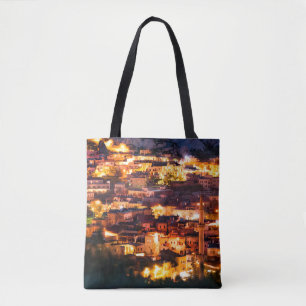 Bolsa Tote Linda vista Goreme à noite. Famoso centro de b