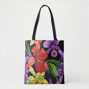 Bolsa Tote Lindas flores de orquídeas de aquarela em preto