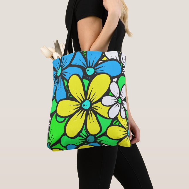 Bolsa Tote Lindas Flores de Verão Azul Amarelo e Verde (Close Up)
