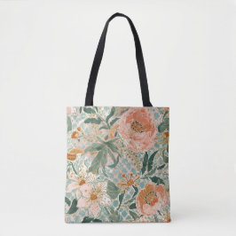 Bolsa Tote Lindas Flores e Folhas de Pêssego em Flor, Padrão
