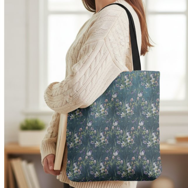 Bolsa Tote Lindas Flores Russas E Legais Na Madeira Teal (Criador carregado)