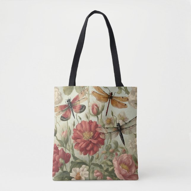 Bolsa Tote Lindas Flores Vintage e Dragonflies (Frente)