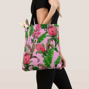 Bolsa Tote Lindas Folhas Verdes Tropicais com Flores Vermelha