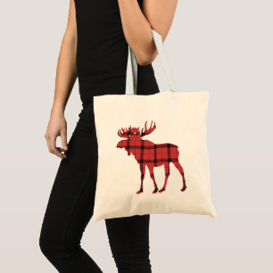 Bolsa Tote Lindo Alce Vermelho e Preto Xadrez Padrão Tartan