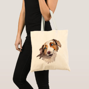 Bolsa Tote Lindo Australian Shepherd de Olhos Azuis em Aquare