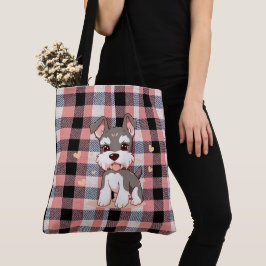 Bolsa Tote Lindo Cachorro Schnauzer Kawaii Xadrez Búfalo Rosa