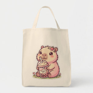 Bolsa Tote Lindo Capivara Rosa Kawaii Bebendo Chá Boba Tote B